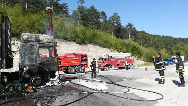 Alev alev yanan tır güçlükle söndürüldü
