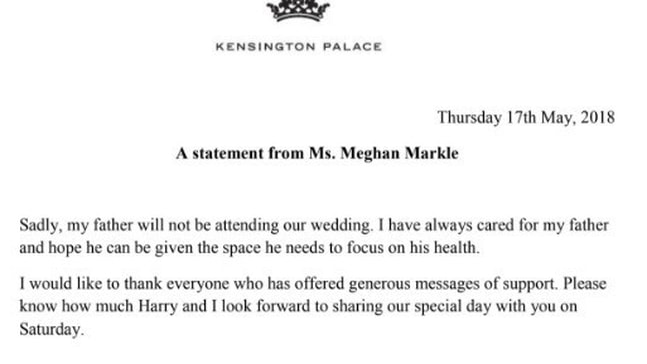 Kensington Sarayı doğruladı: “Meghan Markle’ın babası düğüne katılmayacak”
