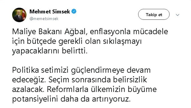 Başbakan Yardımcısı Şimşek: 